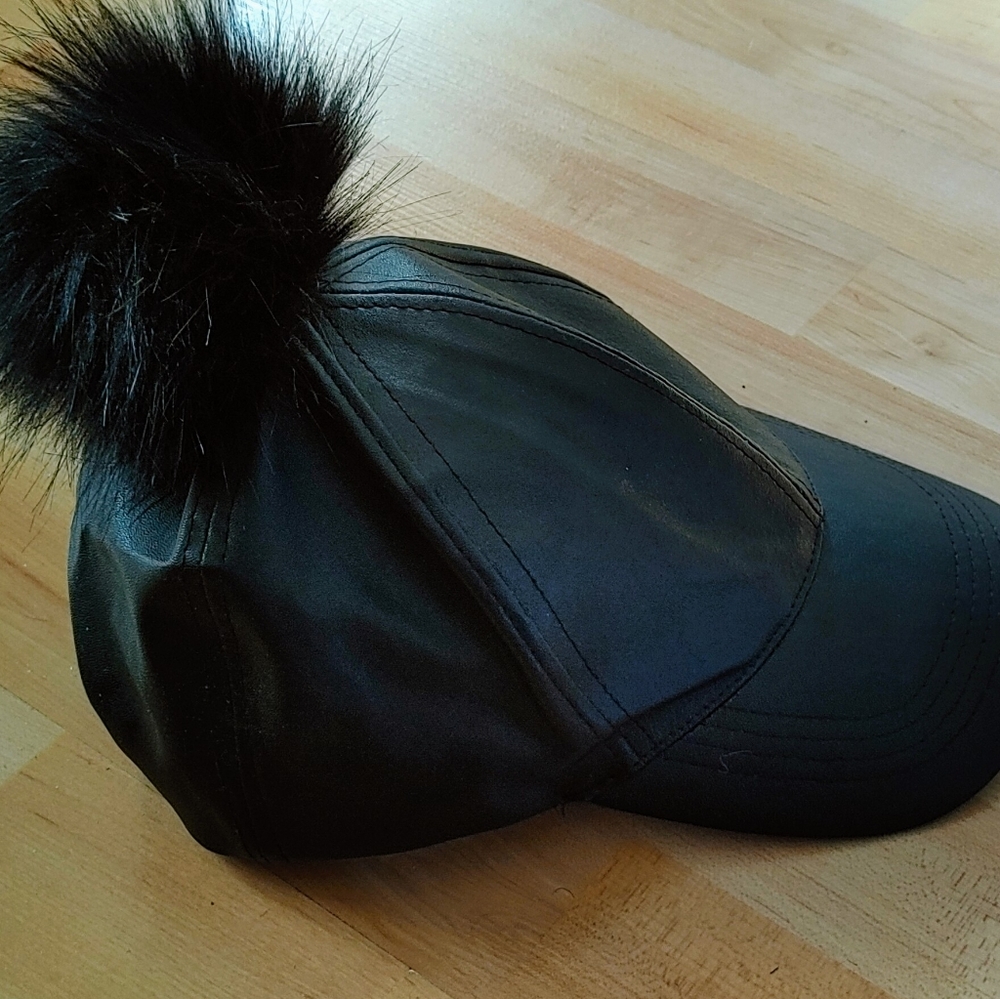 Rampage Faux Leather Pom Pom Baseball Cap with faux fur